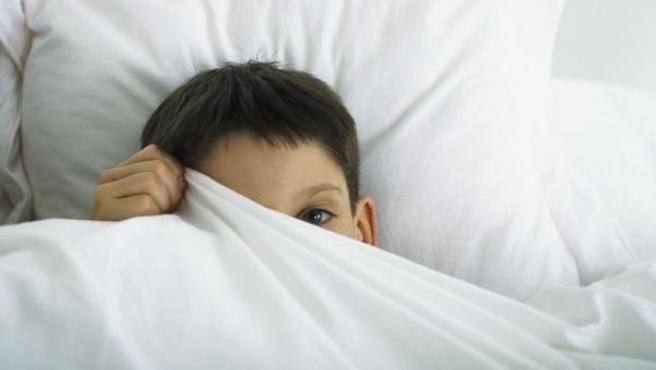 Un niño entre las sábanas de su cama.